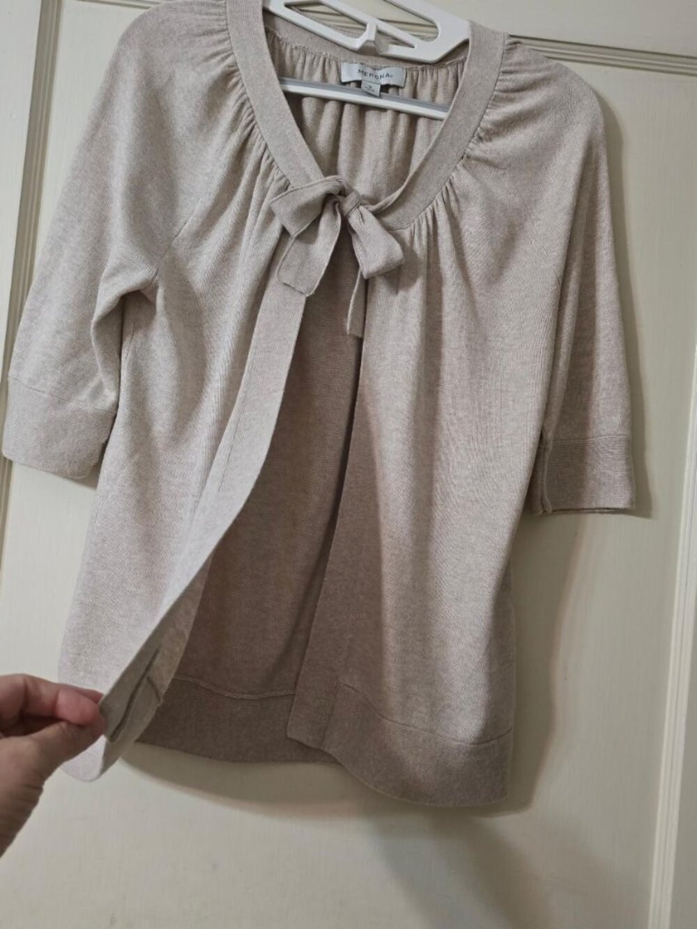 S Merona Relaxed Open Cardigan Front Tie-Bow V-rushed neckline Beige 3/4-sleeve